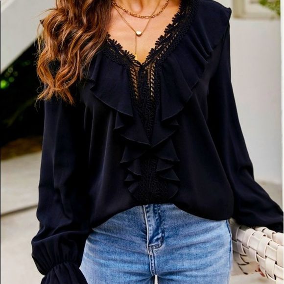 NWT! FLOUNCE SLEEVE RUFFLE TRIM GUIPURE LACE BLOUSE IN BLACK! - Picture 9 of 10